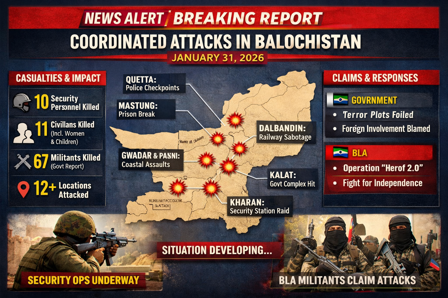 BLA attacks 12 cities in Balochistan